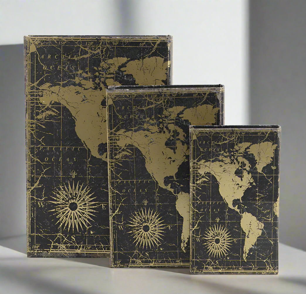 Add a luxurious touch to your home decor with our Set of 3 World Map Faux Books. These traditional-inspired pieces elevate any room with their elegance. Spruce up your bookshelf, living room, or entryway with these stylish and practical additions.