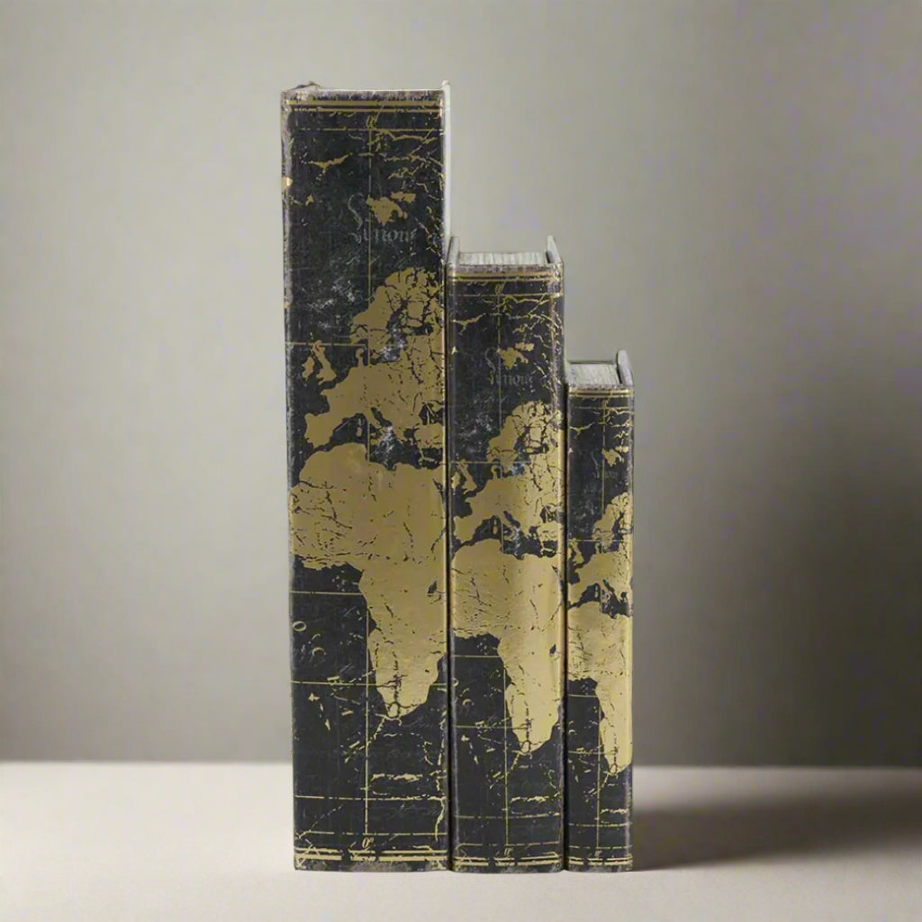 Add a luxurious touch to your home decor with our Set of 3 World Map Faux Books. These traditional-inspired pieces elevate any room with their elegance. Spruce up your bookshelf, living room, or entryway with these stylish and practical additions.