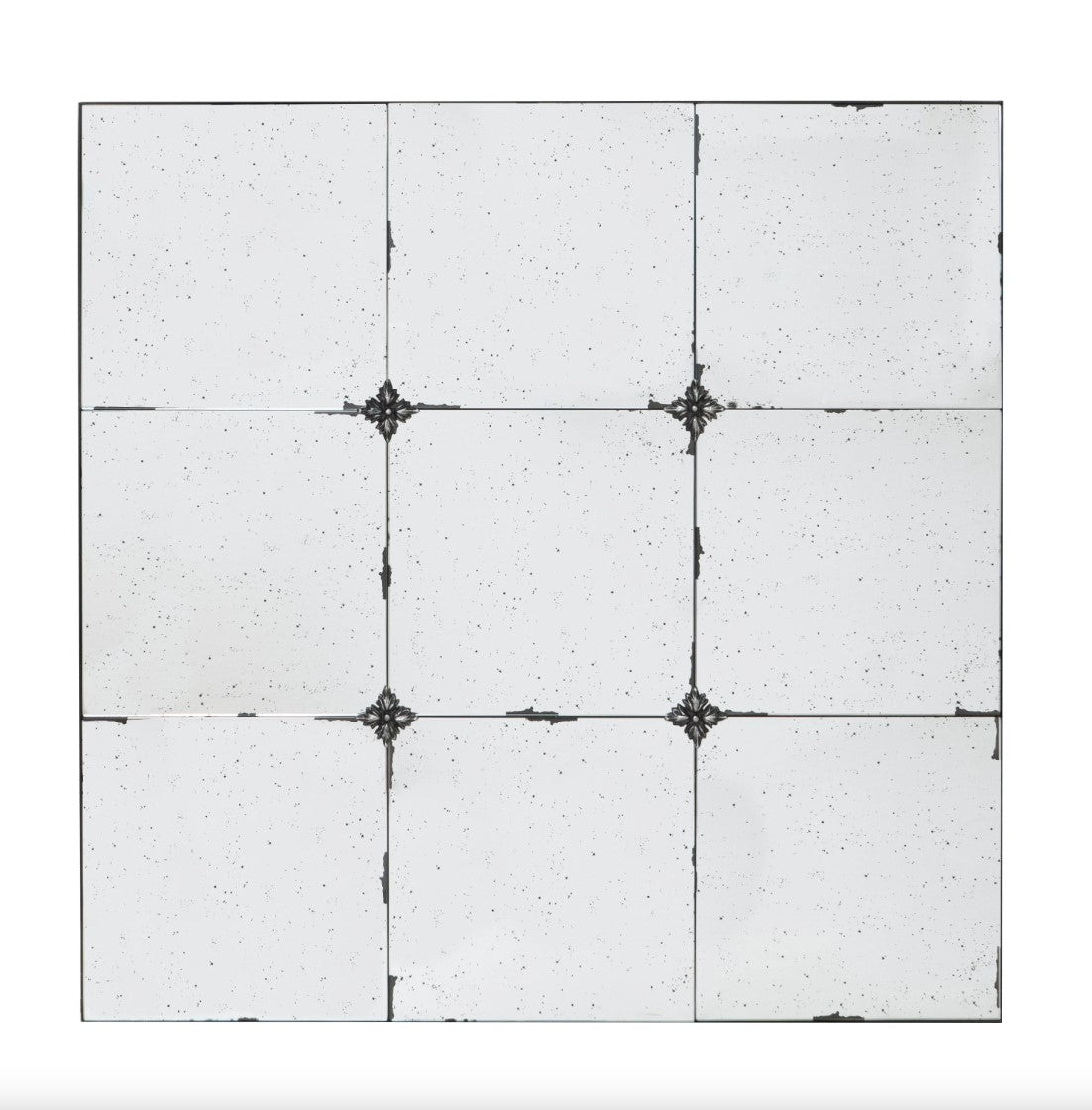 Discover the rustic and romantic charm of the Odette Antique Glass Panel Square Mirror. Featuring heavily antiqued glass panels and resin flower pattern hardware, this mirror exudes vintage elegance. Each panel has a unique hue, creating a composition that is both subtle and mesmerising.