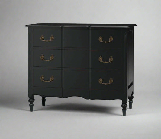 Discover the everlasting sophistication and functionality of the Provence 3-Drawer Dresser. Crafted from durable mahogany and adorned with dove tail drawers and solid brass hardware, this classic dresser from esteemed furniture brand Bramble provides ample storage and elegant allure to your bedroom. With its masterful design and distressed black hand painted finish, it combines craftsmanship and charisma in one exquisite piece.
