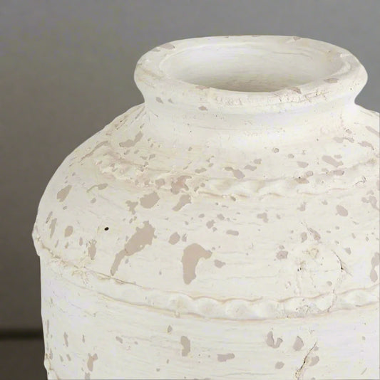 Discover the beauty of terracotta with the Cyprus Rustic Whitewashed Vase. Its distressed surface, paired with a white wash finish, adds charming character to any space. Use it to display your favourite flowers, branches, or greenery on a table, sideboard, or bookcase, or let it shine as a captivating statement piece in any room.