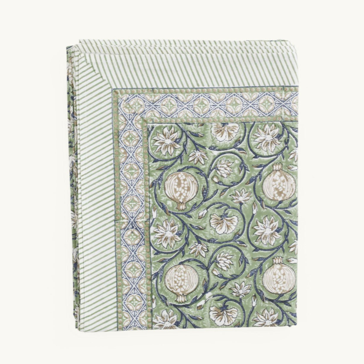 Revitalize your living space with the Cotton Tablecloth Tangier Pomegranate - Beige and Blue, brought to you by the esteemed Swedish brand CHAMOIS, known for their impeccable style and traditional values. This tablecloth effortlessly blends fresh sophistication, timeless design, and a distinct European feel, making it the perfect addition for creating unforgettable experiences with your loved ones. The breath taking Indian block print patterns and centuries-old handcrafted techniques infuse a special charm