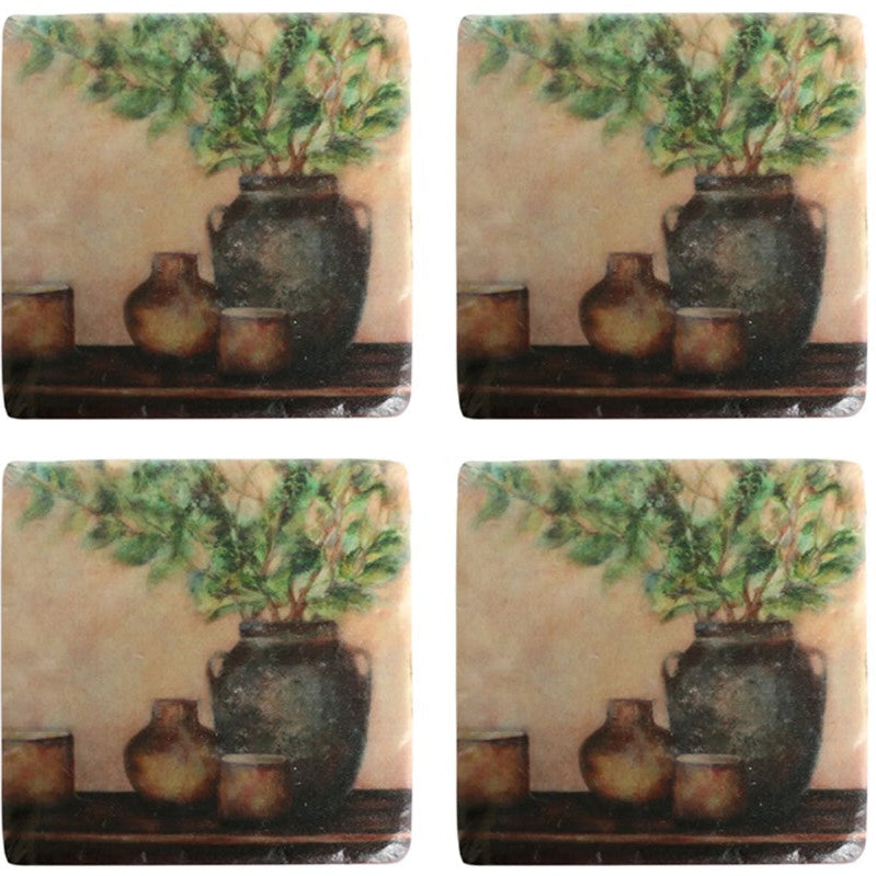 Indulge in the beauty of these Tuscan Coasters - Set Of 4! Images of a Tuscan pots create an inviting statement to any table surface. Crafted from high-quality resin and featuring a cork back, these coasters not only add a touch of elegance but also protect your furniture.
