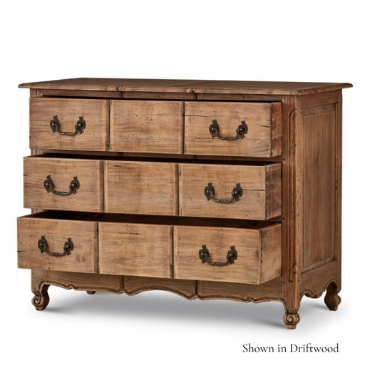 Discover the everlasting sophistication and functionality of the Provence 3-Drawer Dresser. Crafted from durable mahogany and adorned with dove tail drawers and solid brass hardware, this classic dresser from esteemed furniture brand Bramble provides ample storage and elegant allure to your bedroom. With its masterful design and distressed black hand painted finish, it combines craftsmanship and charisma in one exquisite piece.