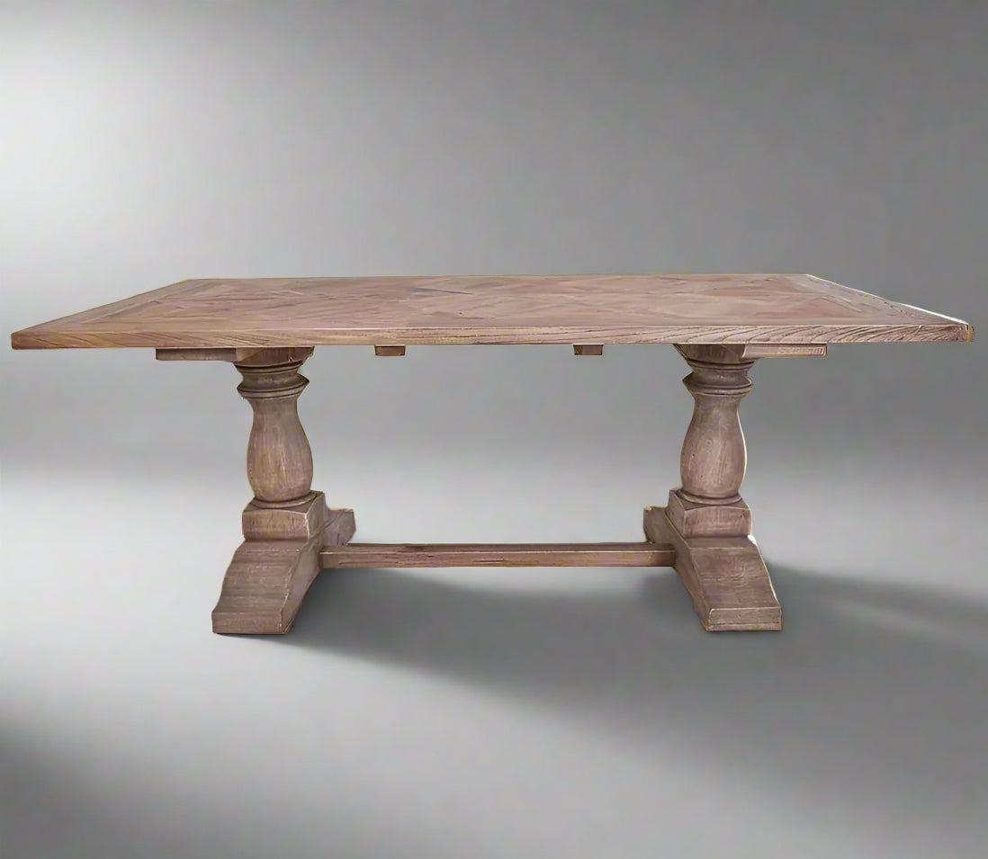 Elevate your dining experience with the Sophia Parquet Elm Dining Table - 200cm. Crafted from high-quality, recycled elm timber, this table boasts both sustainability and timeless elegance. Its unique parquetry design and sturdy pedestal base make it a visually striking and stable addition to any dining space. With ample room for family and friends to gather and enjoy unforgettable meals, this table also promotes eco-consciousness through repurposing materials. Elm timber, known for its distinctive grain pa