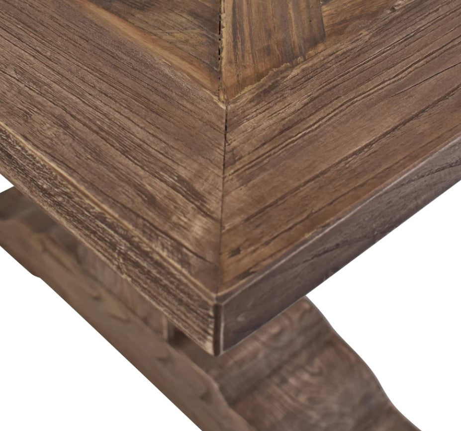 Crafted from high-quality recycled elm timber, the Sophia Parquet Elm Dining Table exudes both sustainability and timeless elegance. Its unique parquetry design and sturdy pedestal base make it a visually striking and stable addition to any dining space. Measuring 200cm, this table offers ample space for family and friends to come together and enjoy unforgettable meals, while also promoting eco-consciousness through repurposing materials. Corner