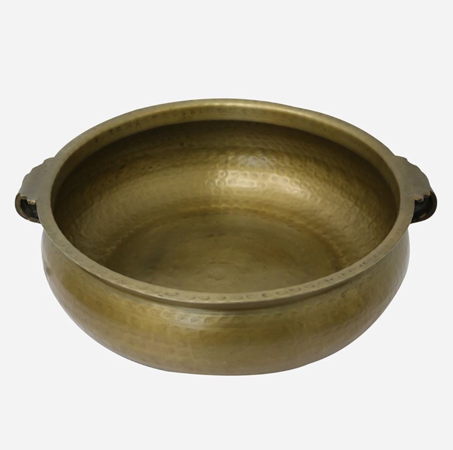 Basque Bowl with handles and hammered antique brass finish, crafted from aluminium—perfect as a striking centrepiece or bold statement piece.
