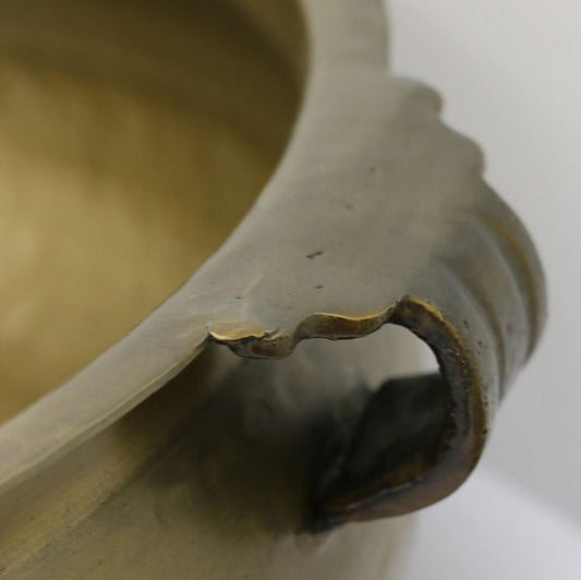 Basque Bowl with handles and hammered antique brass finish, crafted from aluminium—perfect as a striking centrepiece or bold statement piece.