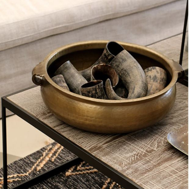 Basque Bowl with handles and hammered antique brass finish, crafted from aluminium—perfect as a striking centrepiece or bold statement piece.