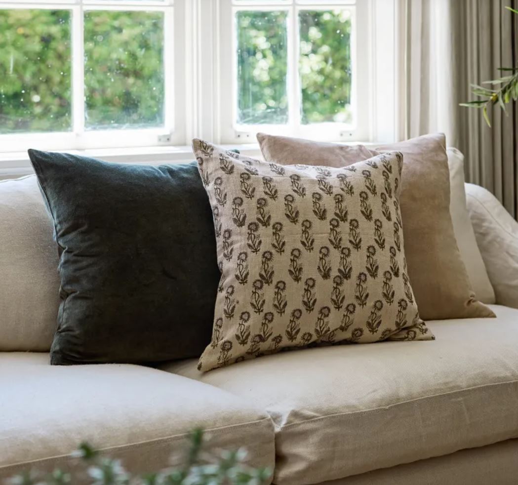 Liliana Floral Hand Block Linen & Cotton Cushion - 50cm x 50cm