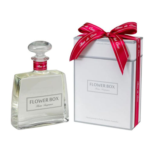 Flower Box perfume bottle and packaging with a red ribbon on a white background