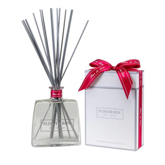 Diffuser bottle with reeds and a white box with a red bow on a white background