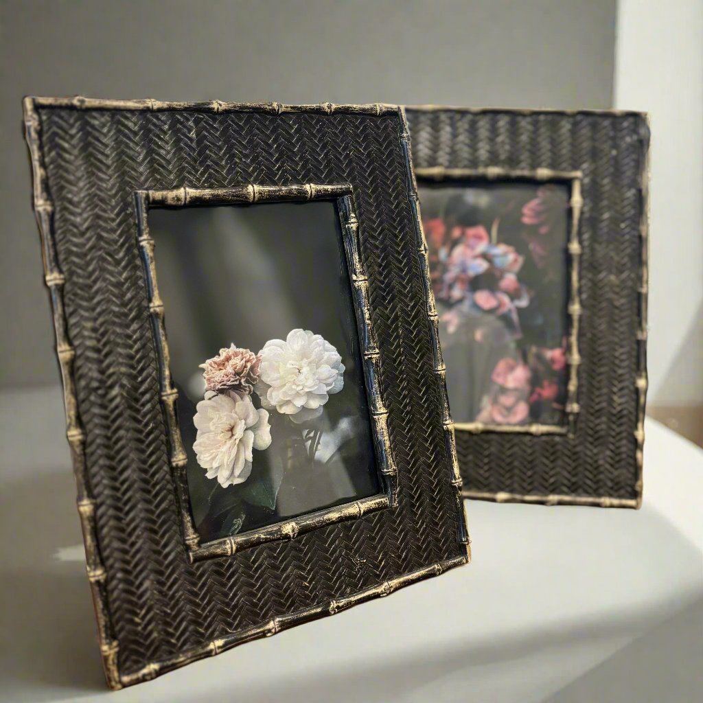 The Matteo Dark Rattan Photo Frame with bamboo-inspired edging is an ideal choice for showcasing cherished photographs. Front