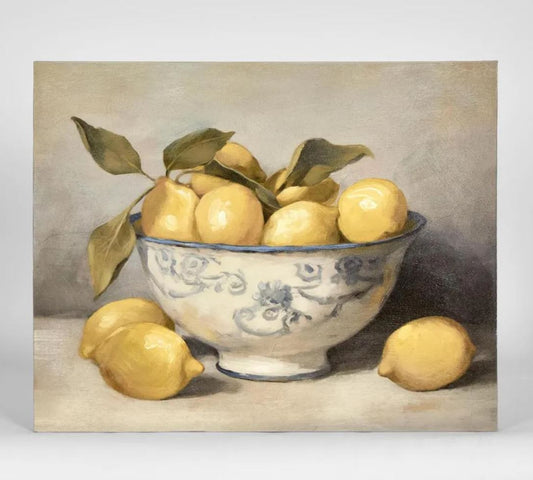 Still life painting of lemons in a decorative bowl on a textured surface