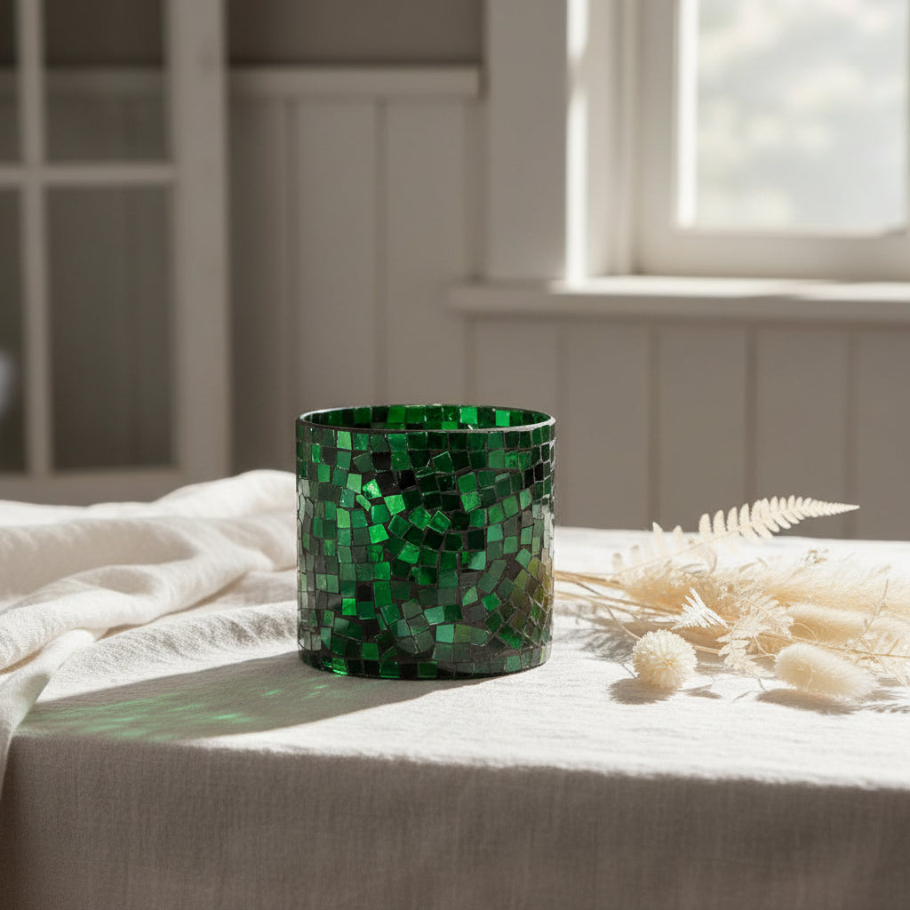 Green mosaic candle holder on a white background
