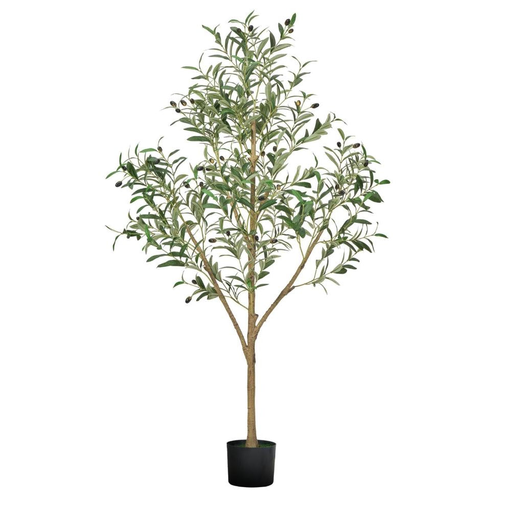 Artificial olive tree with green leaves in a pot on a white background