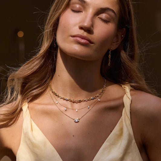 Woman wearing layered necklaces and a yellow top against a blurred background