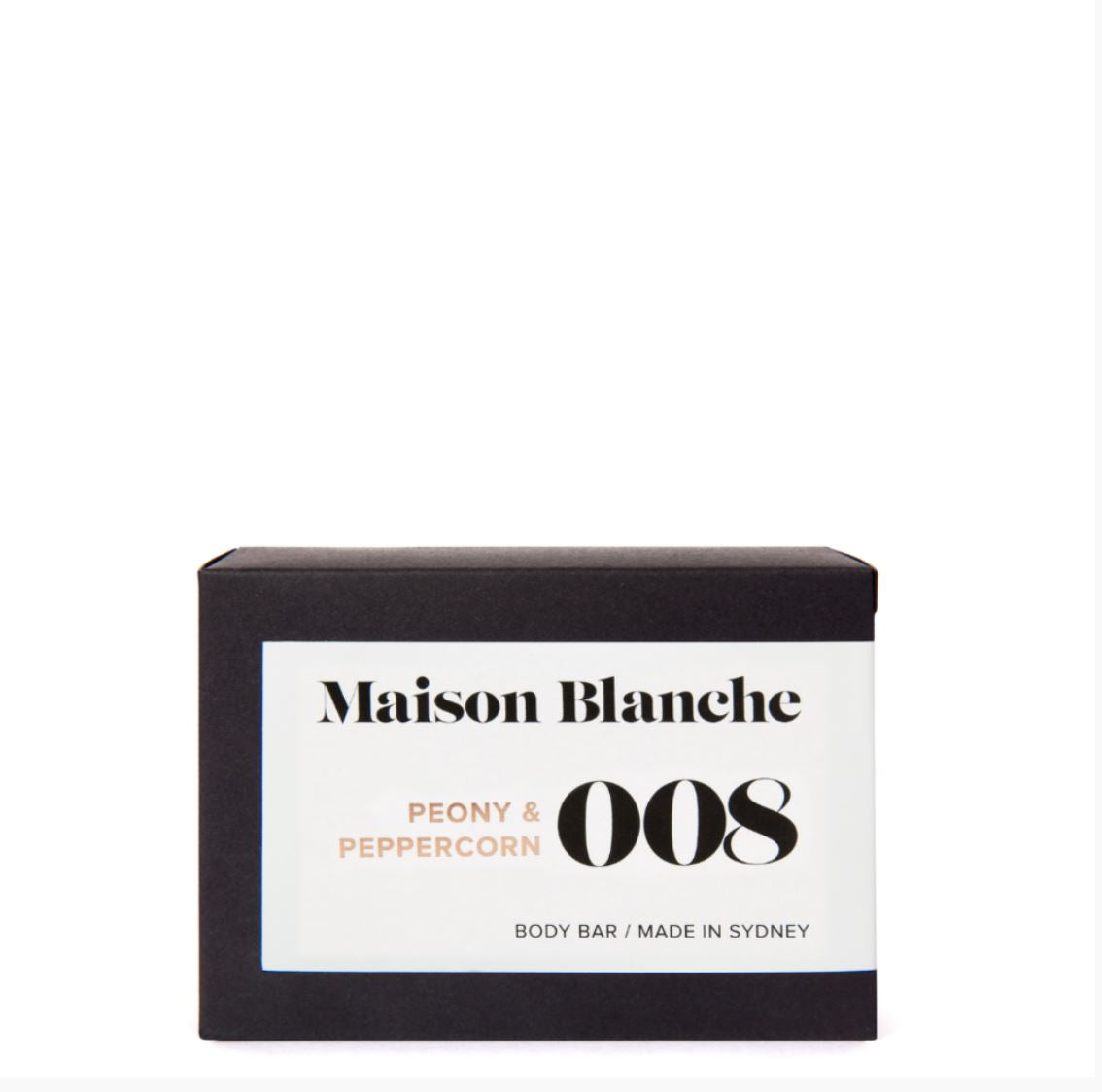 Maison Blanche body bar packaging with 'Peony & Peppercorn' on a white background