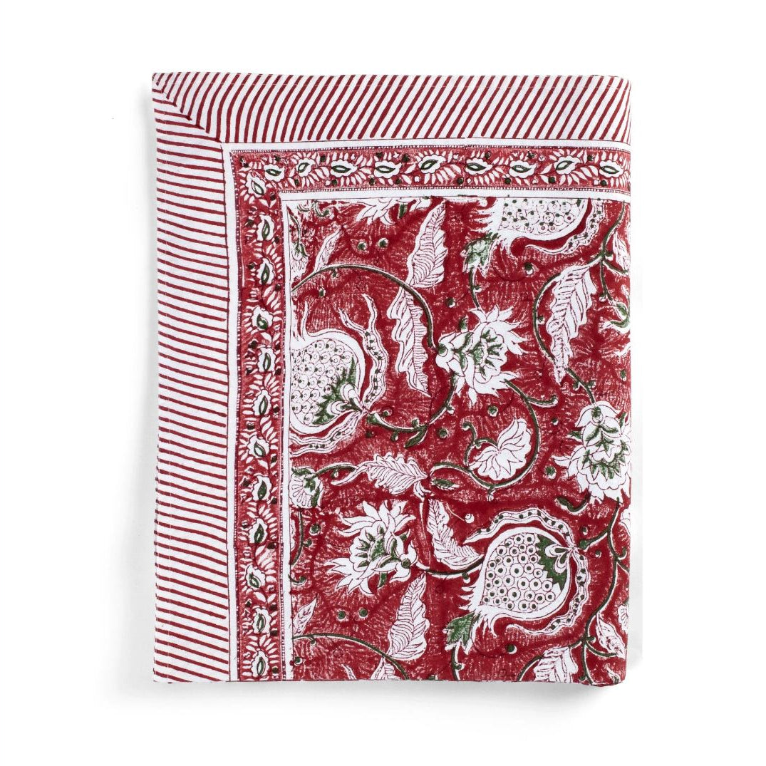 Red Pomegranate Hand Block Print Cotton Tablecloth 150cm x 230cm