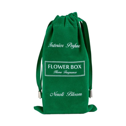 Green drawstring bag with 'Flower Box' branding on a white background