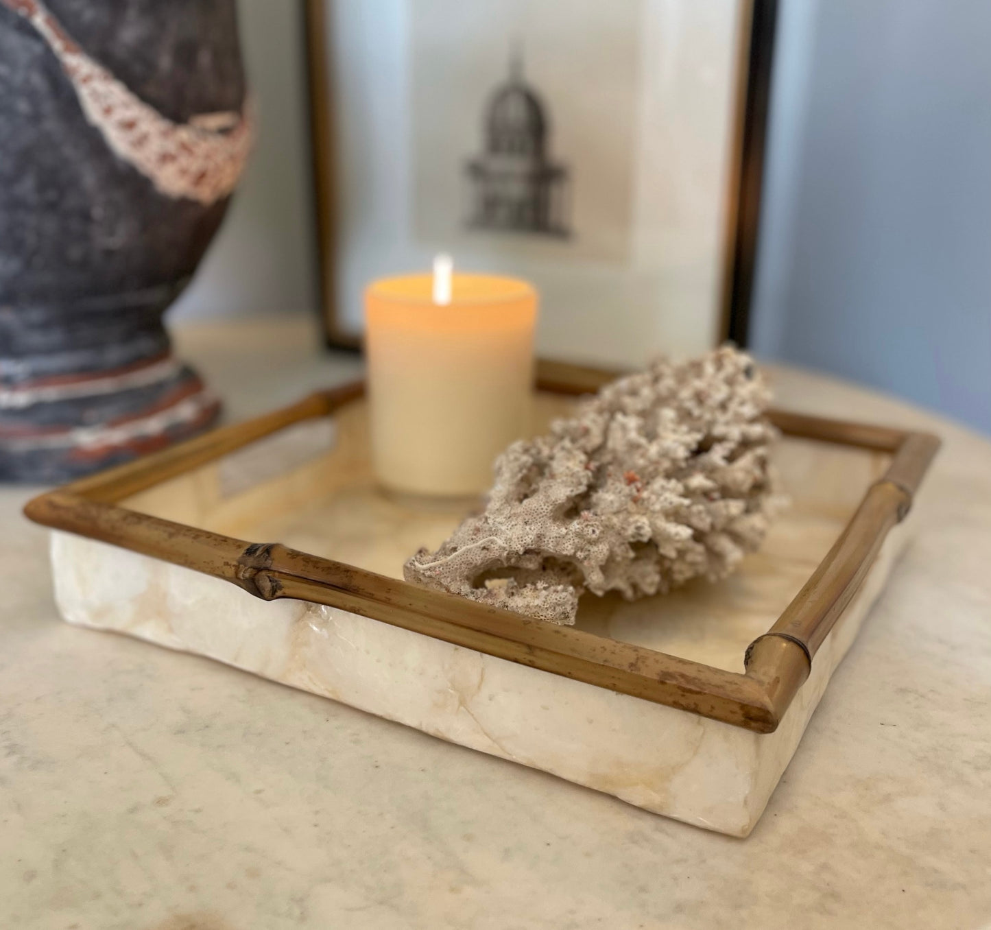 Our beautiful Capiz & Bamboo Square Tray is perfect to style & organise on your console, coffee table or bathroom vanity. Detail