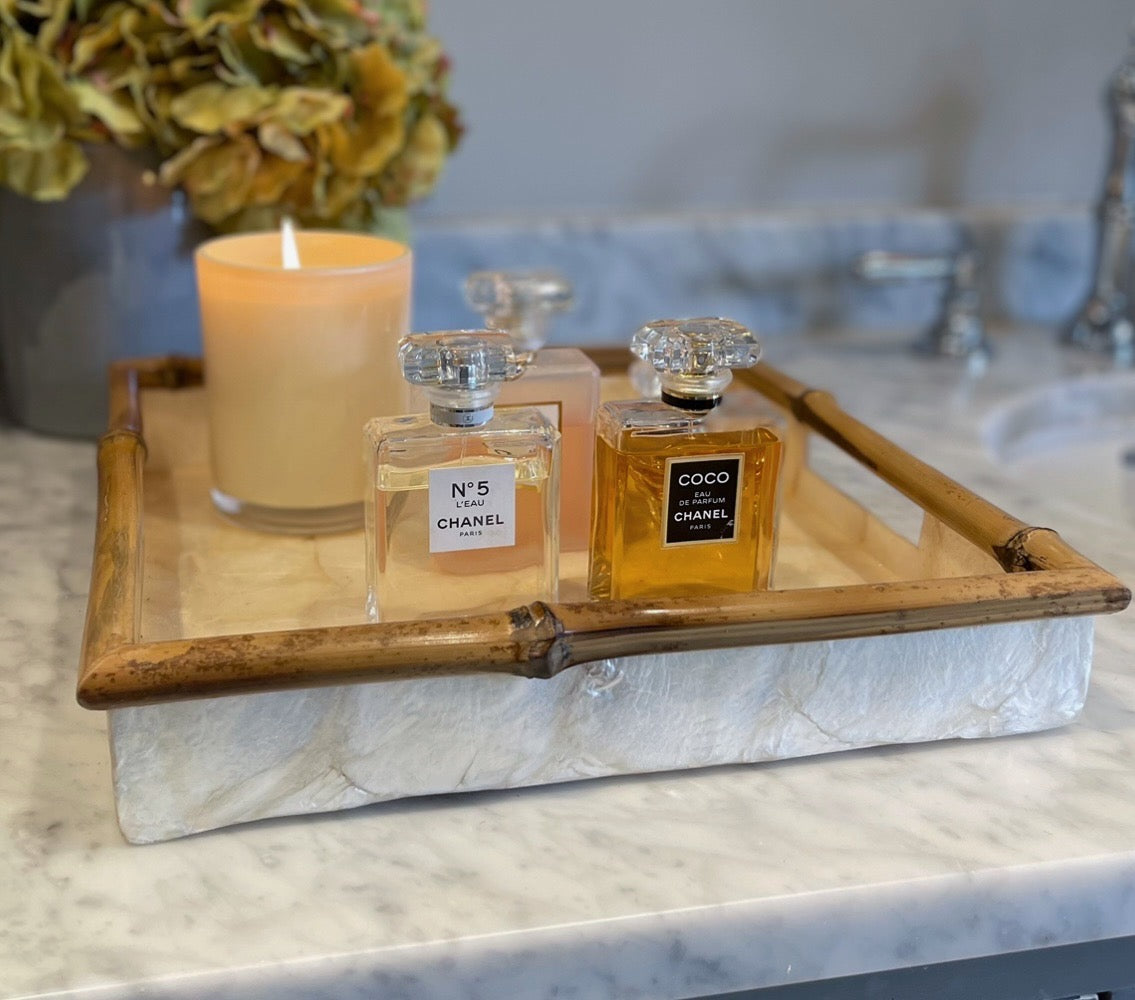 Our beautiful Capiz & Bamboo Square Tray is perfect to style & organise on your console, coffee table or bathroom vanity. Front