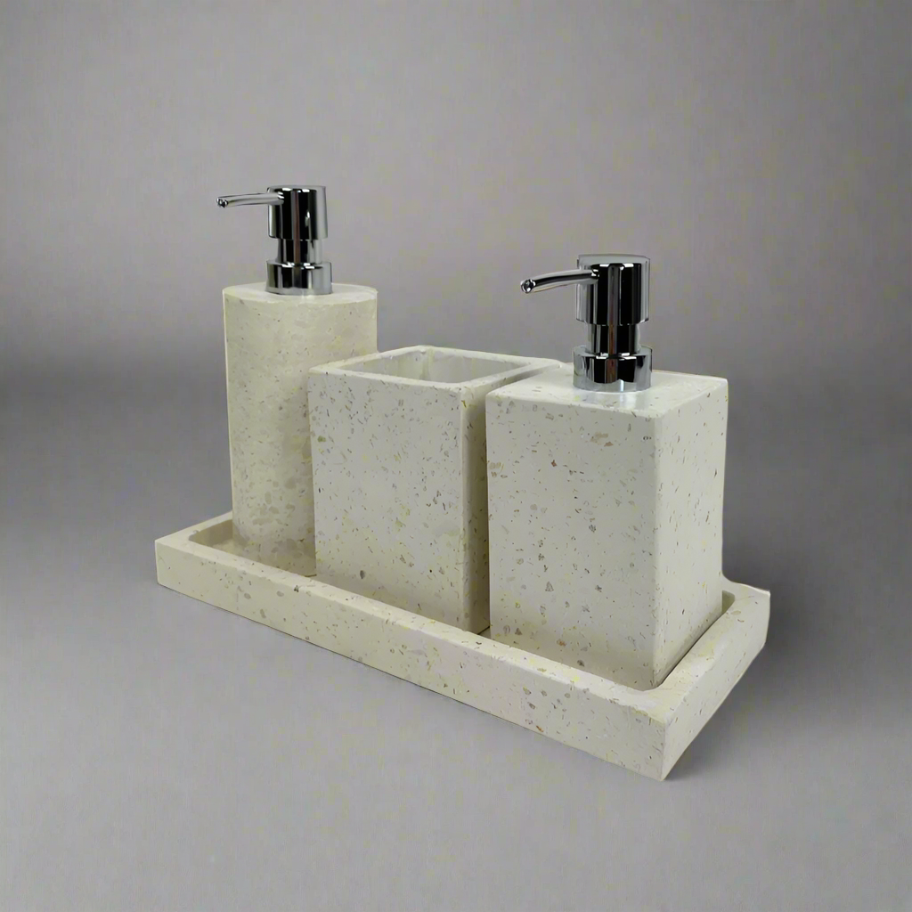 Indulge in the luxurious touch of stone with the White Stone Bathroom Collection. This sophisticated set adds a subtle, yet intricate texture to your bathroom decor, elevating both its functionality and aesthetic appeal. The elegant design and effortless, organic feel make each piece a must-have for your space.