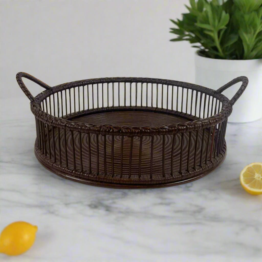 Maximize the fashionable potential of any area with our Nouveau Dark Chocolate Round Rattan Tray. Constructed from woven rattan, this truly versatile item adds a hint of natural refinement to any living space - combining functionality with elegance. Front
