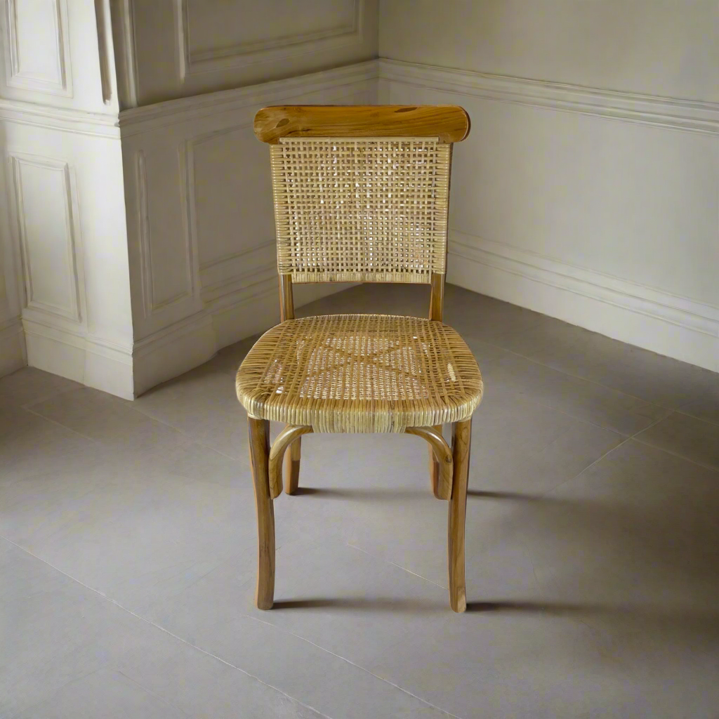 Add understated elegance to your dining table with our Jok Dining Chair handcrafted from solid teak and rattan. Front