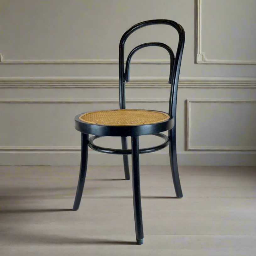 Designed with a black-finished teak frame, the Alam Rattan Chair has a simple arched back designed with and a natural woven seat. Front