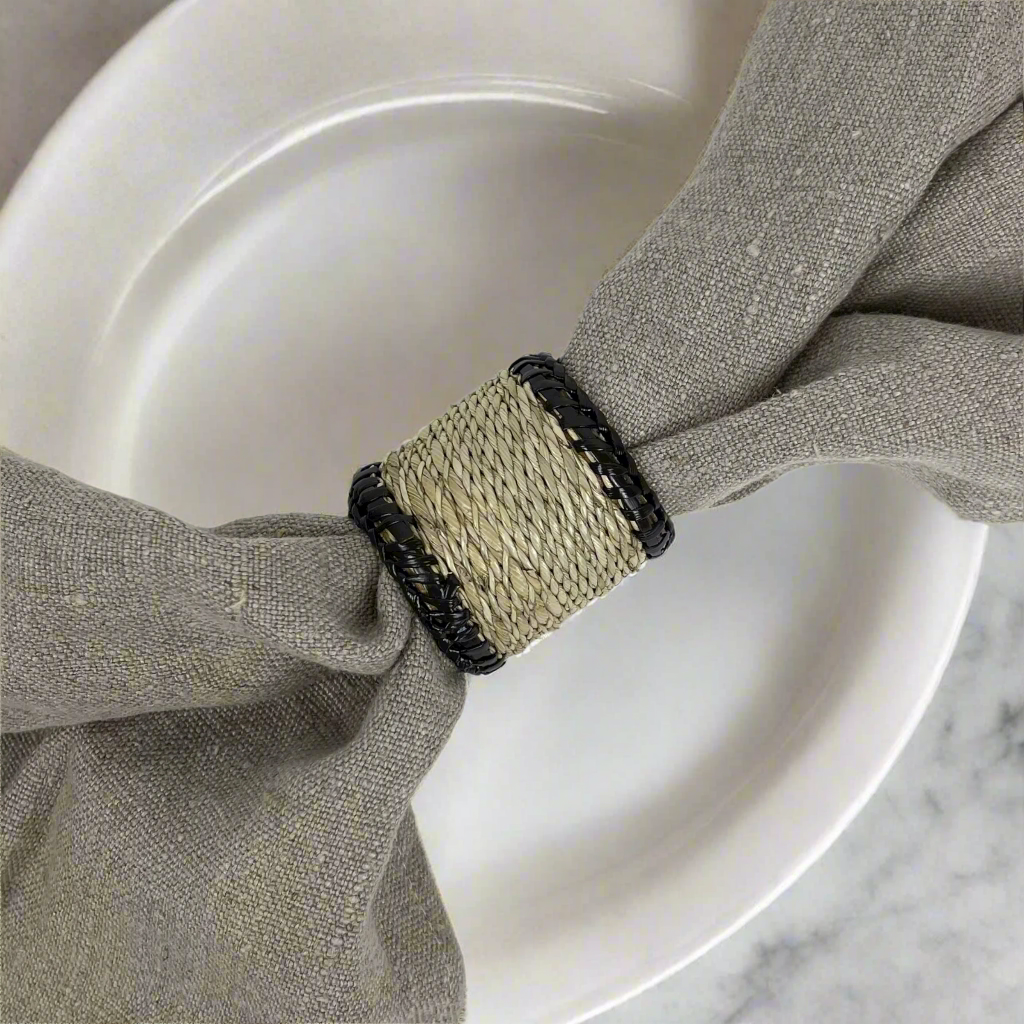 Our twisted Pandan napkin rings create a stylish welcome to your guest dining experience. One of those nice touches that help your table setting stand out. Front