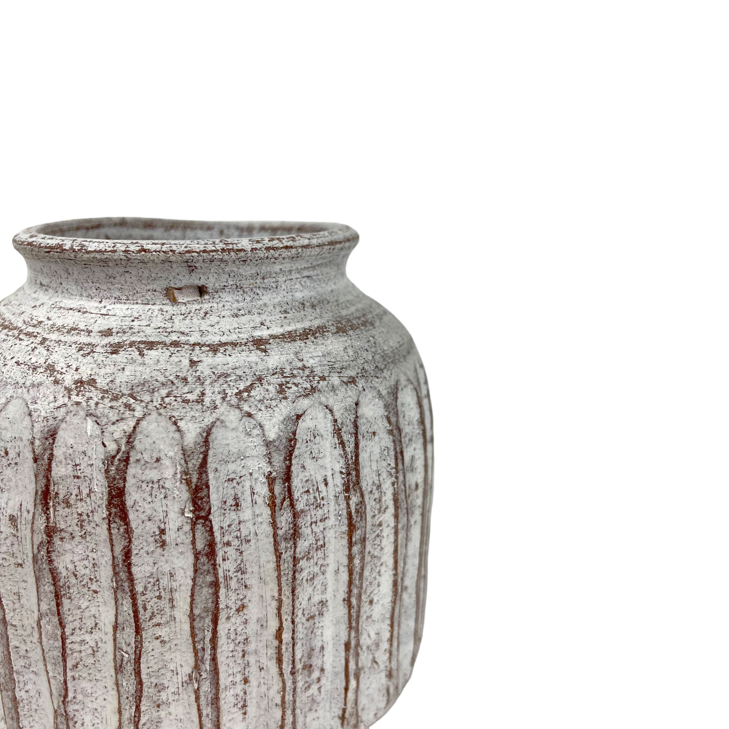 This beautiful rustic terracotta vase with neutral white tones makes it perfect for the bedroom, to place on a bedside table or as part of the living room decor. Corner