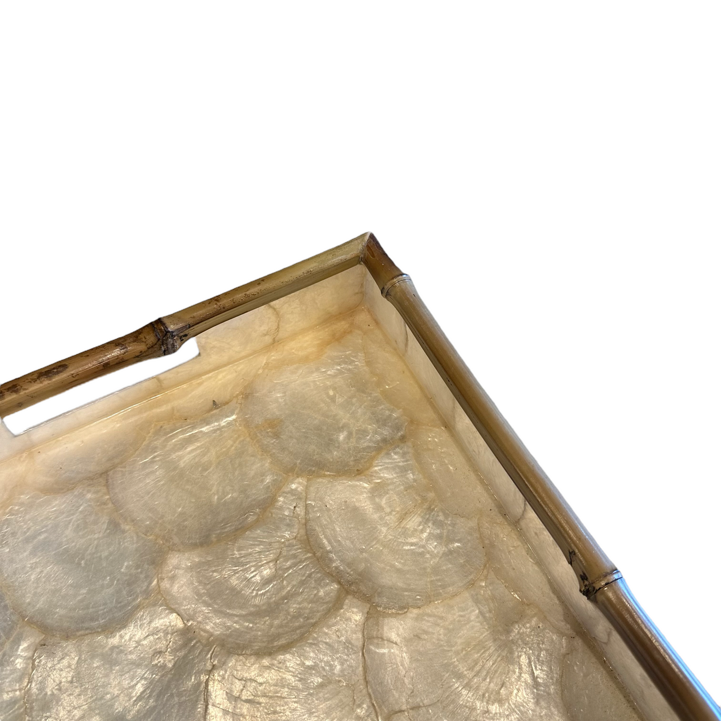 Our beautiful Capiz & Bamboo Square Tray is perfect to style & organise on your console, coffee table or bathroom vanity. Corner