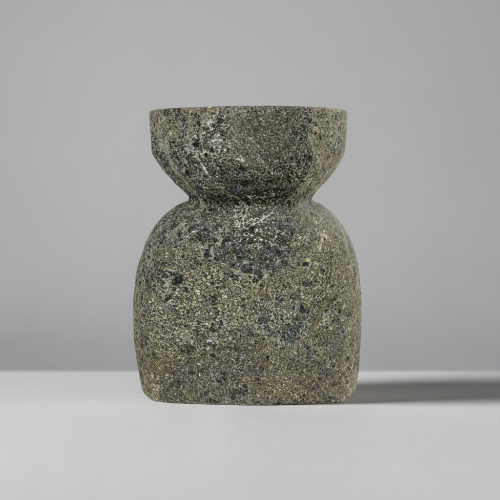 Experience the captivating soft glow of the Bari Black Laval Stone Candle Holder, the perfect balance of strength and grace. Illuminate any space with this elegant yet sturdy piece, creating a tranquil atmosphere that soothes the senses. Front.