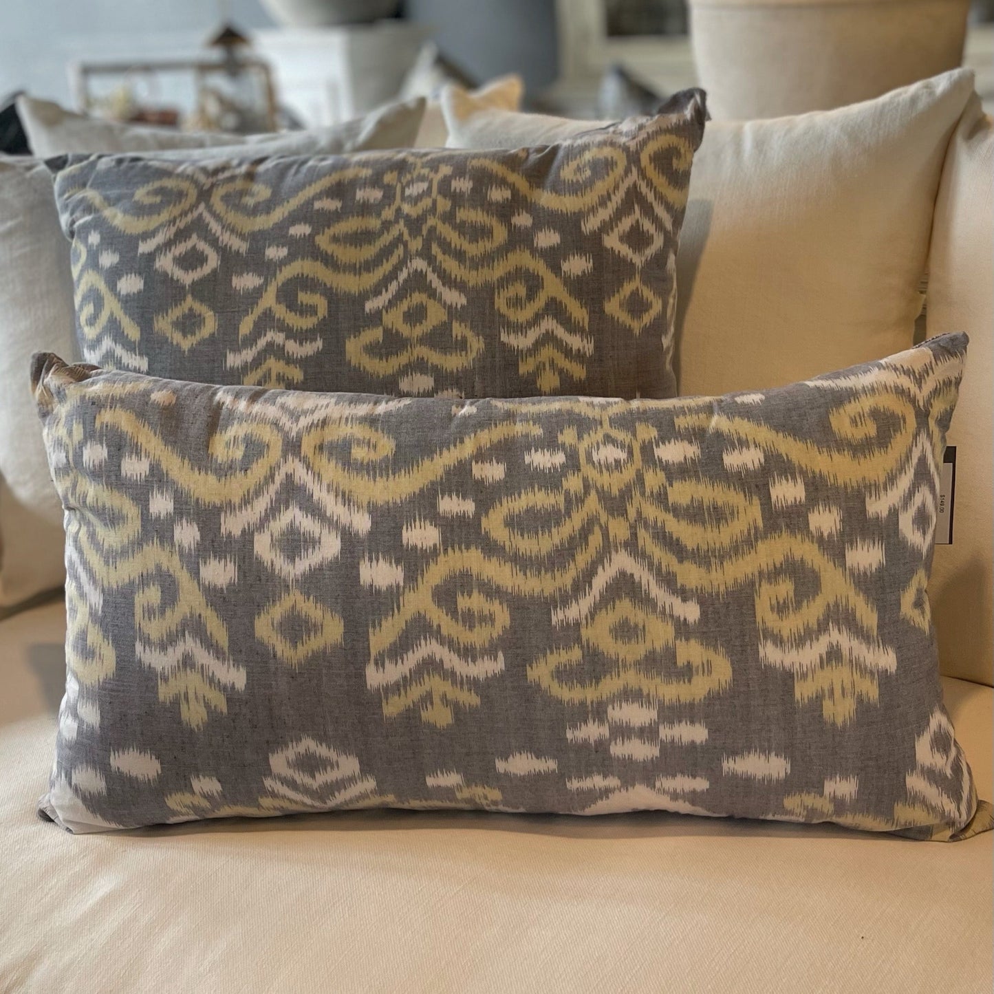 Our Lintang Batik Handwoven Cotton Cushion boast an exquisite cotton fabric and feature intricate designs crafted using traditional techniques popular in South East Asia. Front.