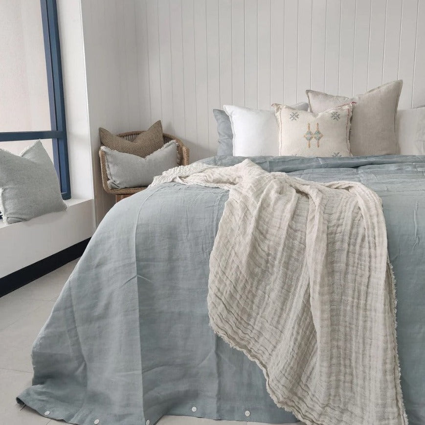 The Juliet Pure French Linen Duvet Cover Set brings a relaxed yet elevated look to your bedding. Crafted from 100% French linen which is hypo-allergenic & highly breathable, this elegant duvet cover showcases charming shell buttons at the end. Styled.