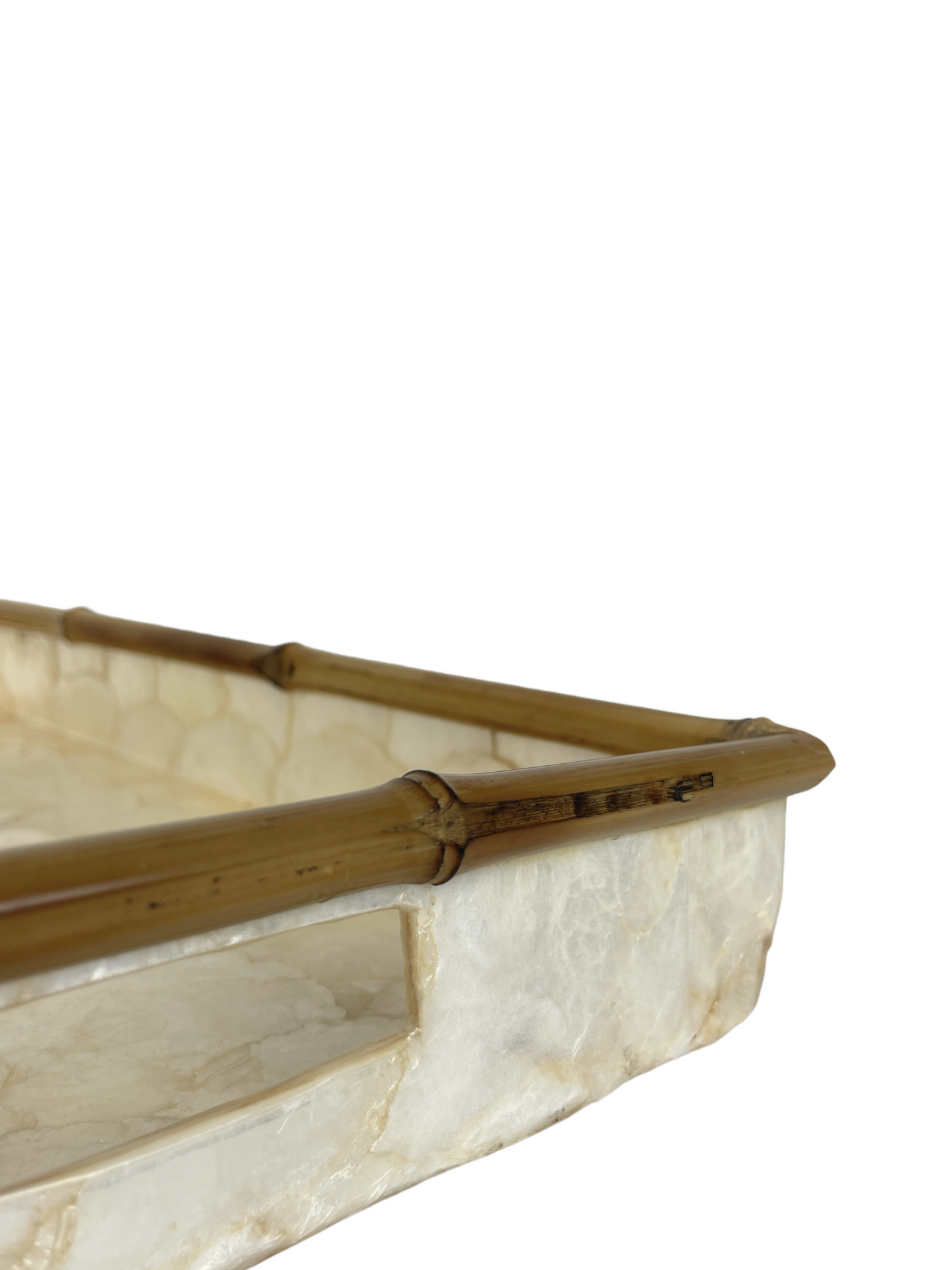 Our beautiful Capiz & Bamboo Charger Tray is sleek and elegant, easy to style on your console or coffee table. Corner