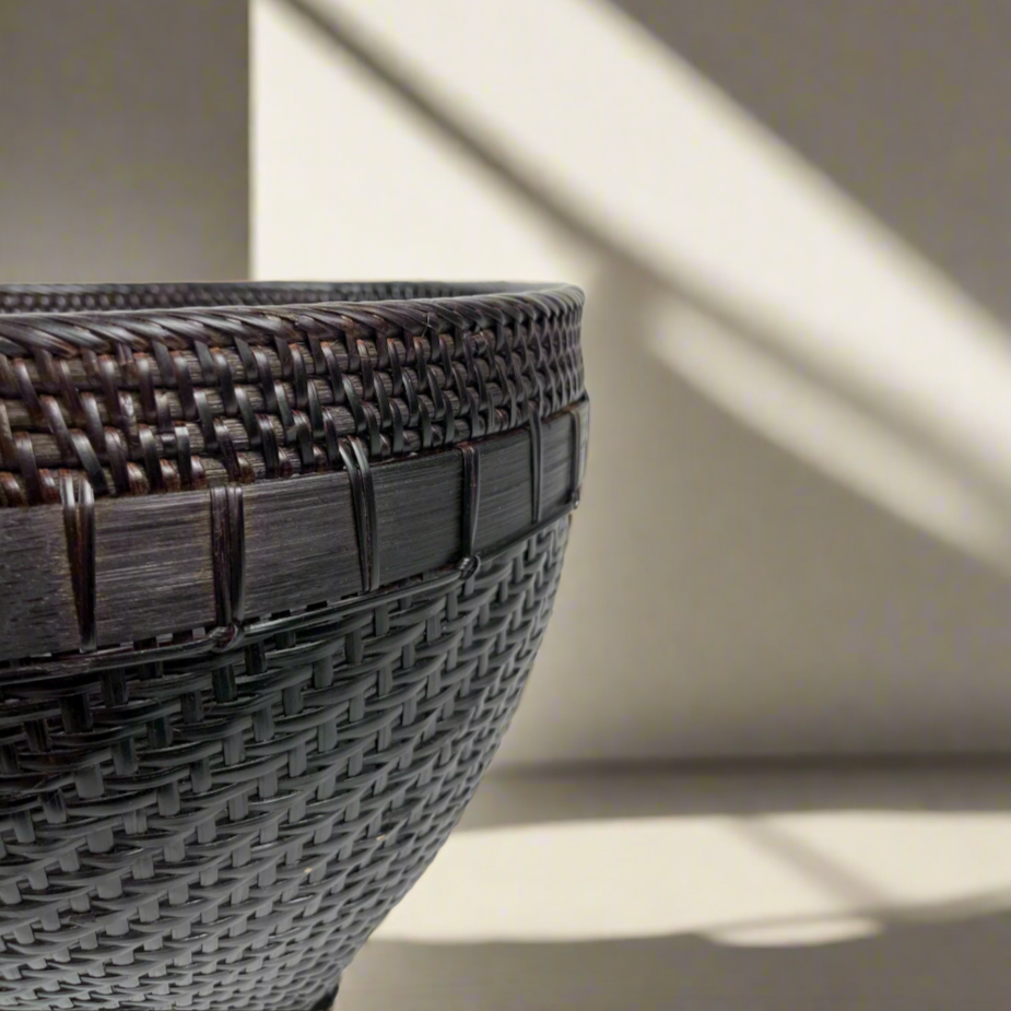 Made by East Indonesian Island Villagers, this stunning Bagaskoro Handcrafted Bamboo Basket is perfect as an accent piece or use to provide additional valuable storage. Close up.