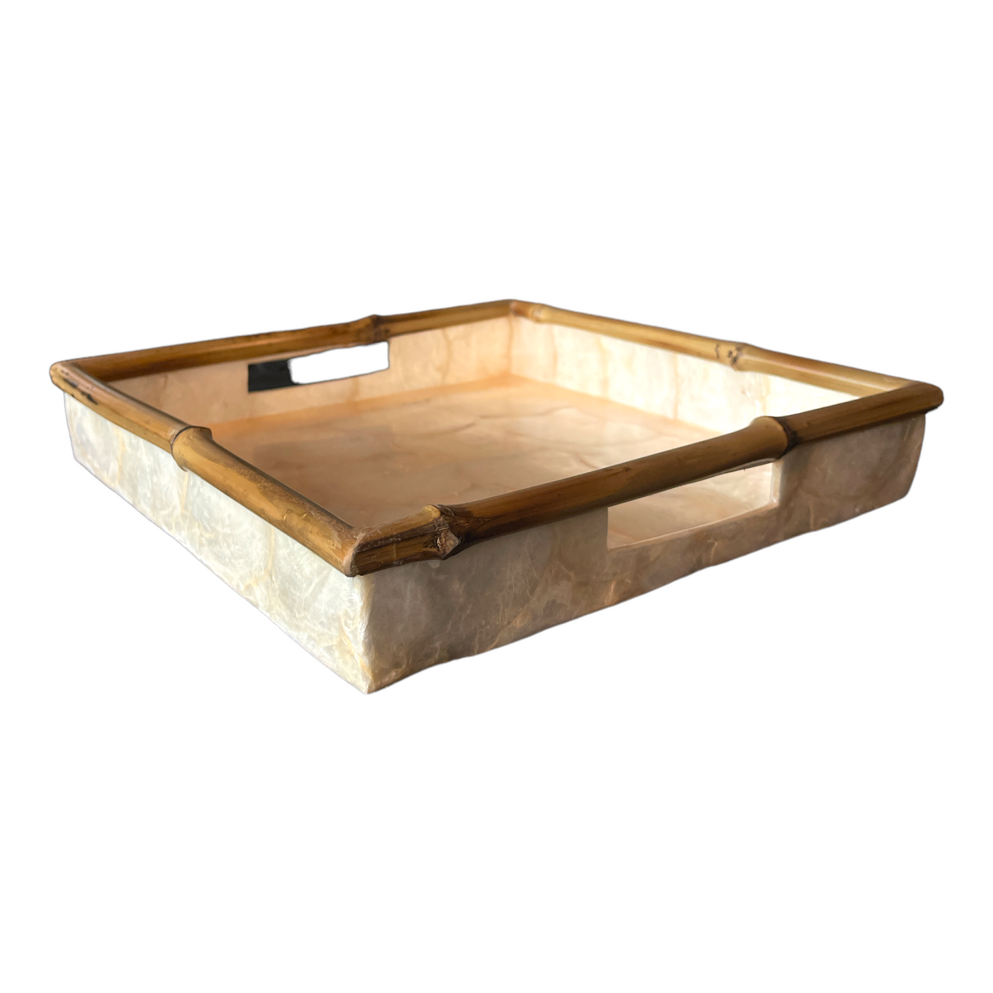 Our beautiful Capiz & Bamboo Square Tray is perfect to style & organise on your console, coffee table or bathroom vanity. Corner