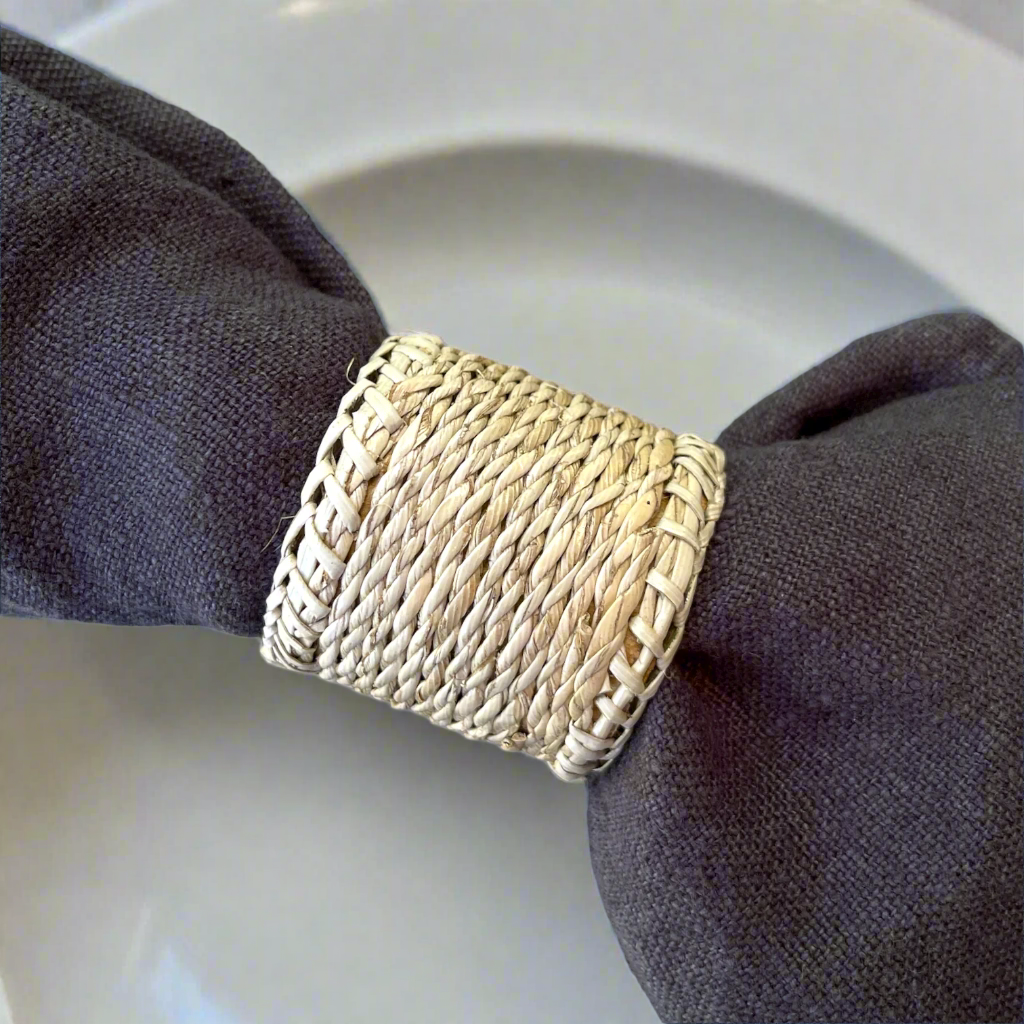 Our twisted Pandan napkin rings create a stylish welcome to your guest dining experience. One of those nice touches that help your table setting stand out. Front