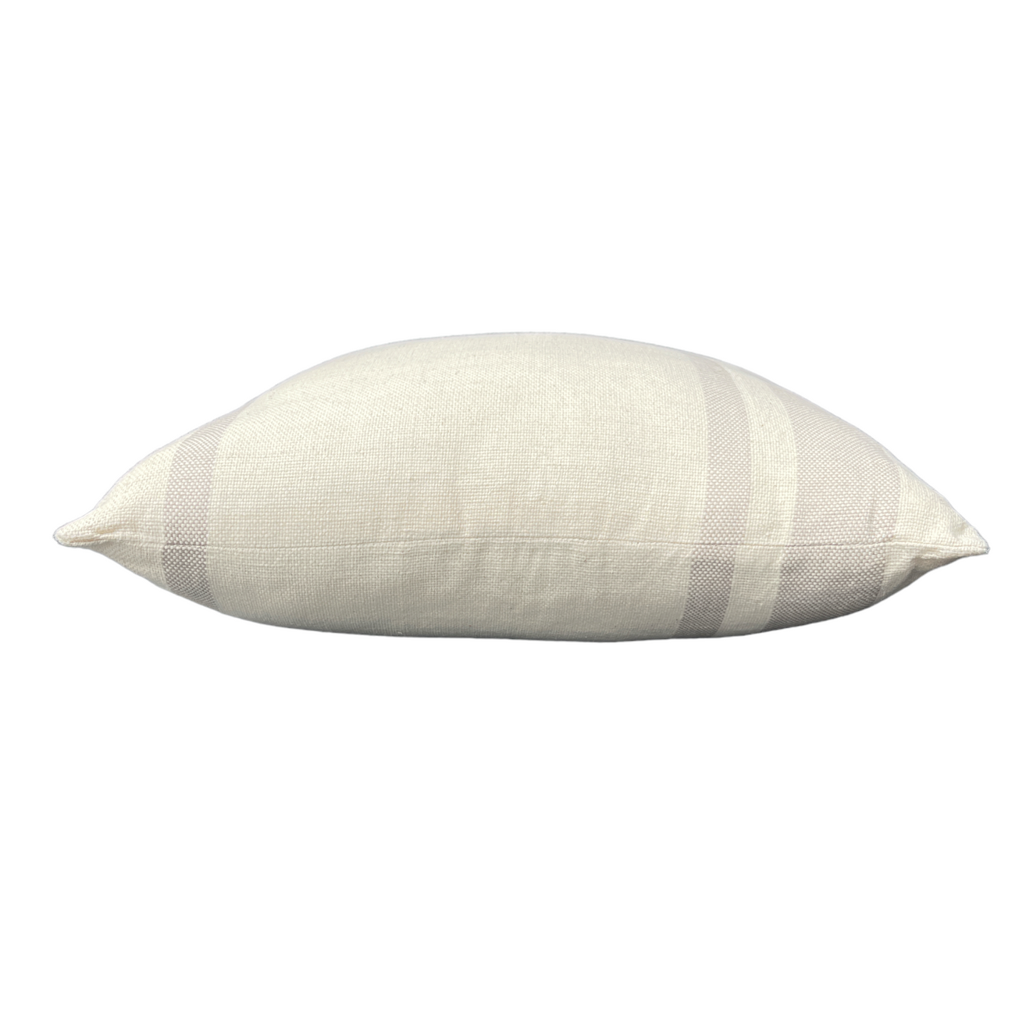 The Jambi Handwoven Cotton Beige Cushion is made from high-quality cotton, giving it a natural texture. Adorned with beautiful taupe stripes, it effortlessly complements any room and style with its muted beige tones. Side.