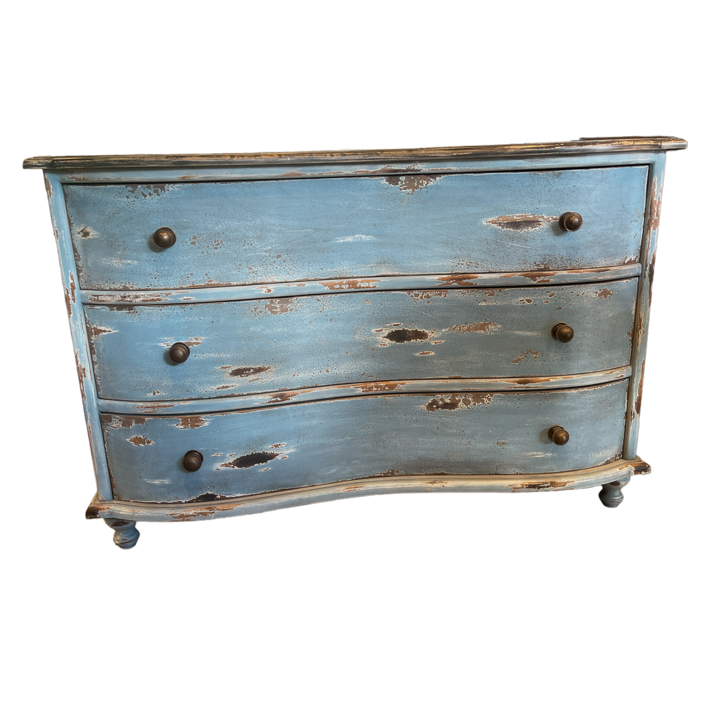 The elegant design of this three drawer commode chest has a beautifully timeless aesthetic. Crafted from solid mahogany and completed by a sensitive distressed finish reminiscent of an aged patina, this piece is destined to become a much admired and desired family heirloom. Front
