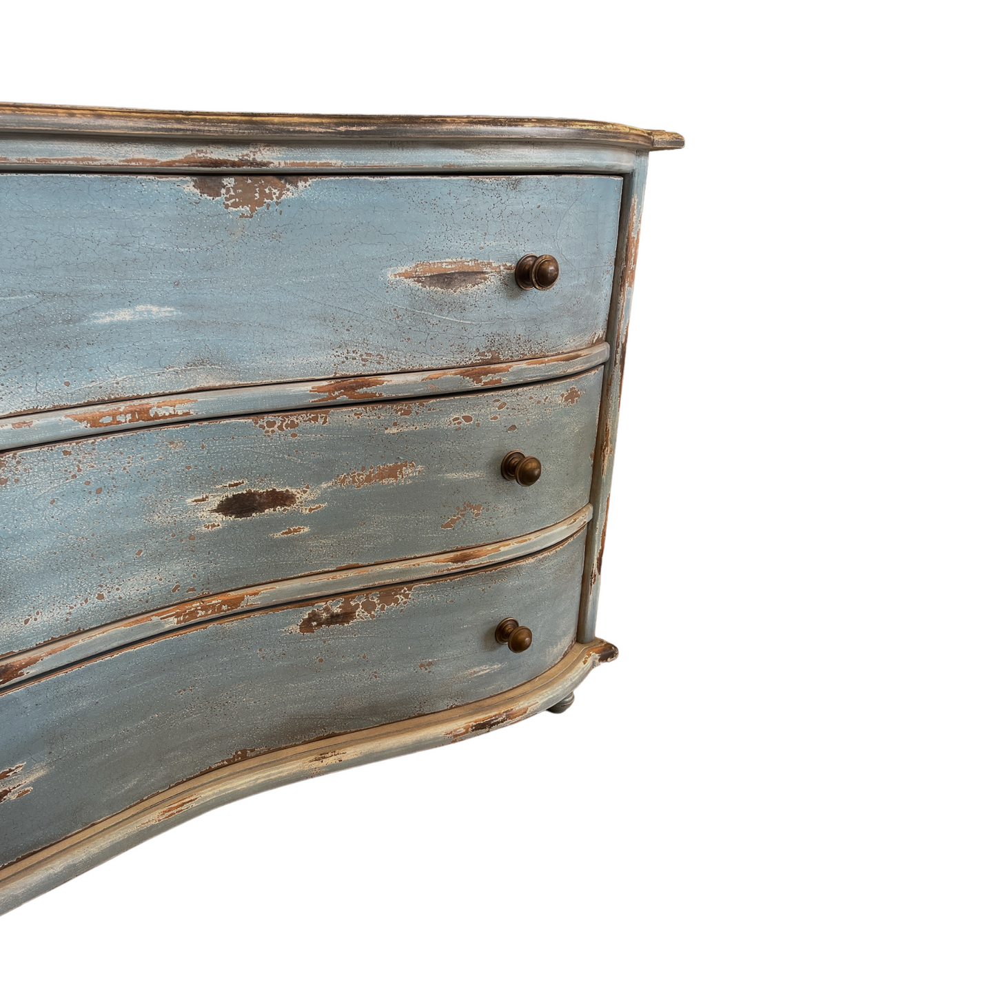 The elegant design of this three drawer commode chest has a beautifully timeless aesthetic. Crafted from solid mahogany and completed by a sensitive distressed finish reminiscent of an aged patina, this piece is destined to become a much admired and desired family heirloom. Detail