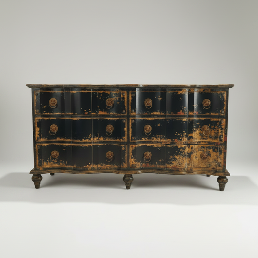 French inspired 6 drawer Commode Chest. Hand Crafted from Mahogany, this statement piece has been carefully distressed to create an authentic period timeworn appearance. Front