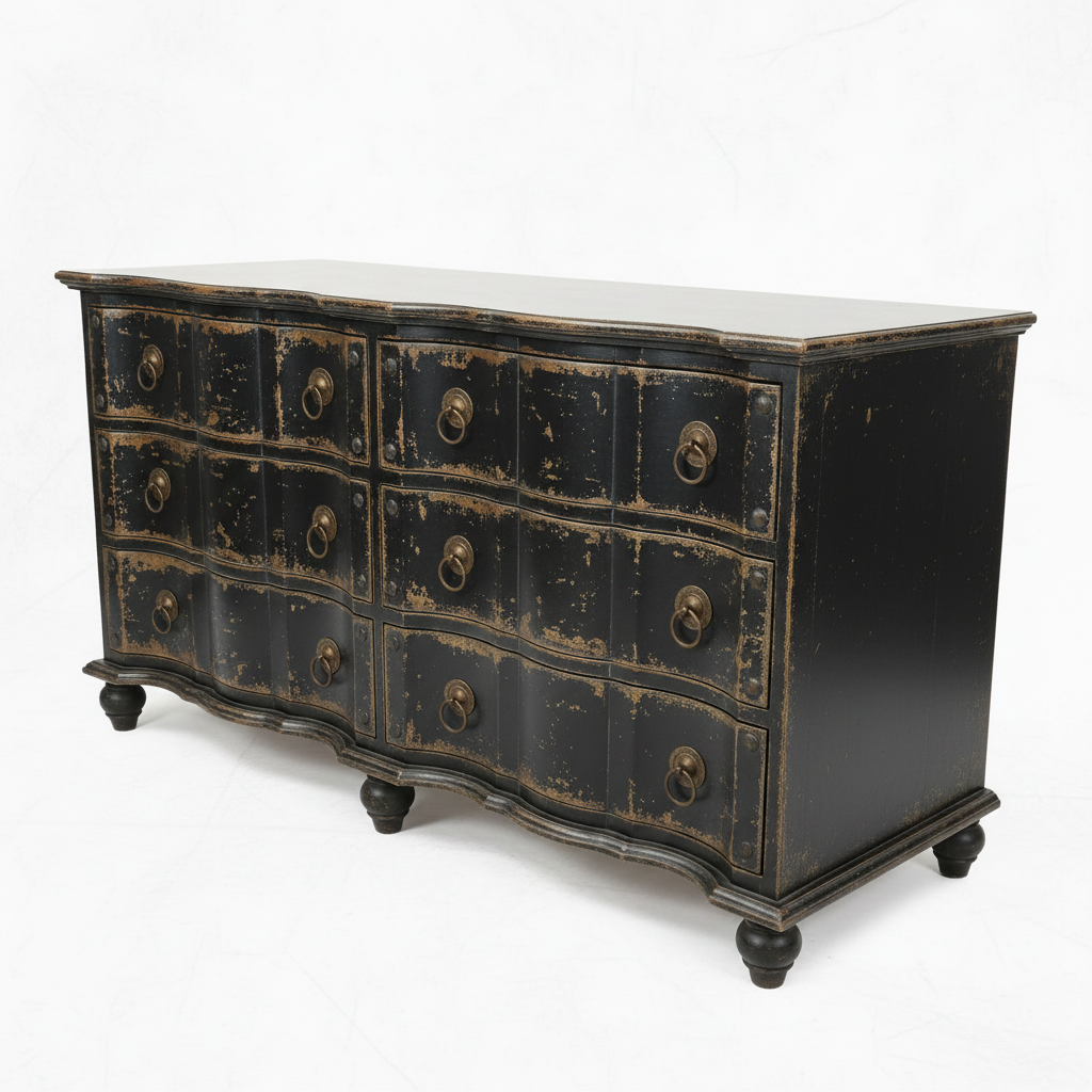 French inspired 6 drawer Commode Chest. Hand Crafted from Mahogany, this statement piece has been carefully distressed to create an authentic period timeworn appearance. Side