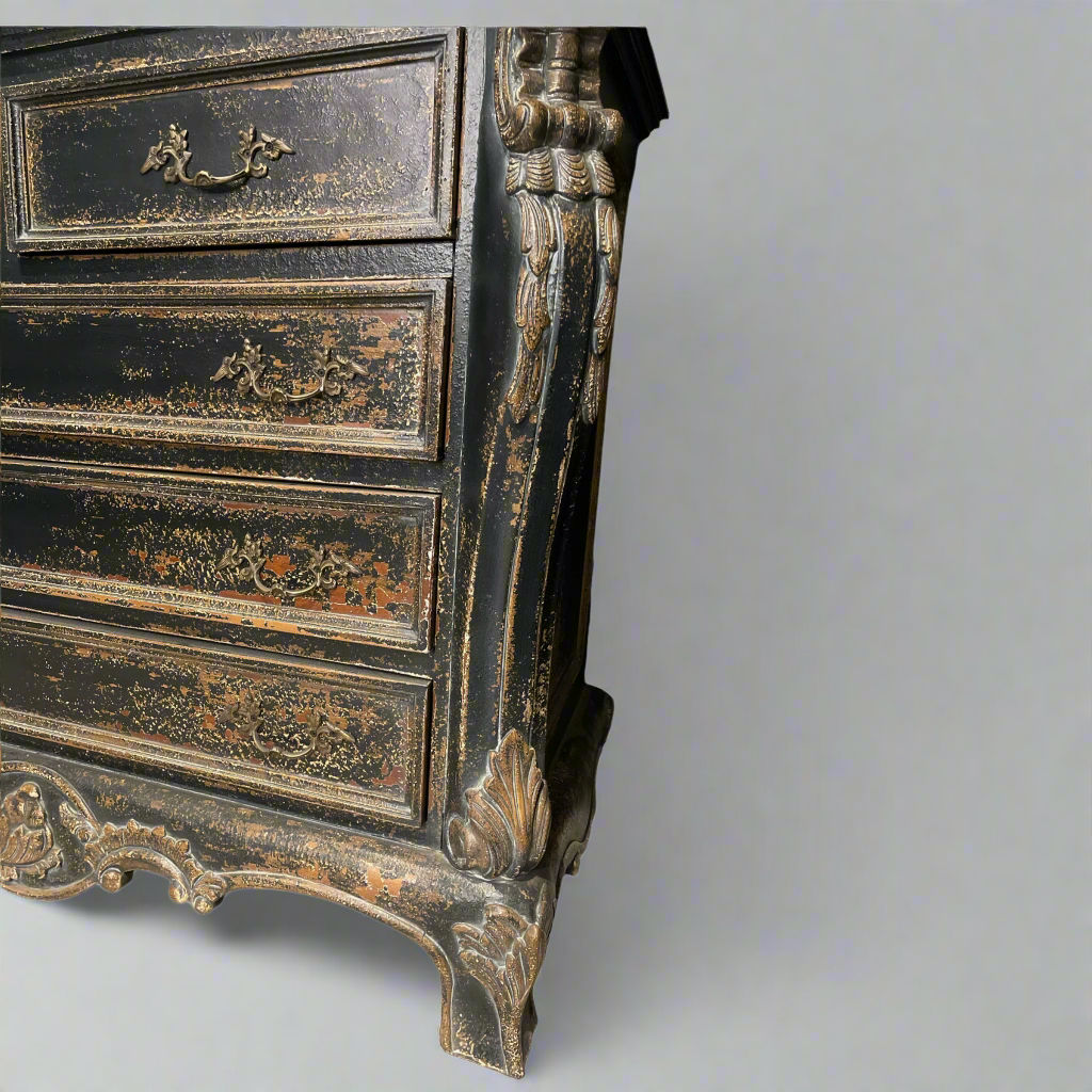 Crafted from Mahogany Wood and carefully distressed for a timeworn appearance, the Alsace Display Cabinet is an exquisite representation of French carpentry at its finest. With 2 glass doors and 5 drawers, it offers excellent storage and display capabilities, making it a truly exceptional piece. Corner