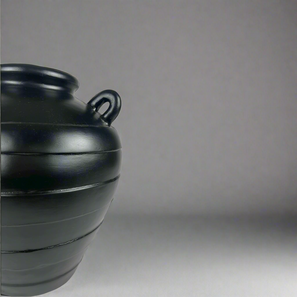 Experience the timeless elegance of the Barjac Pot, with its sleek black hue and classic lines that add depth and character to any home decor. Indulge in the unique style and sophistication this pot brings to your living space. Detail.