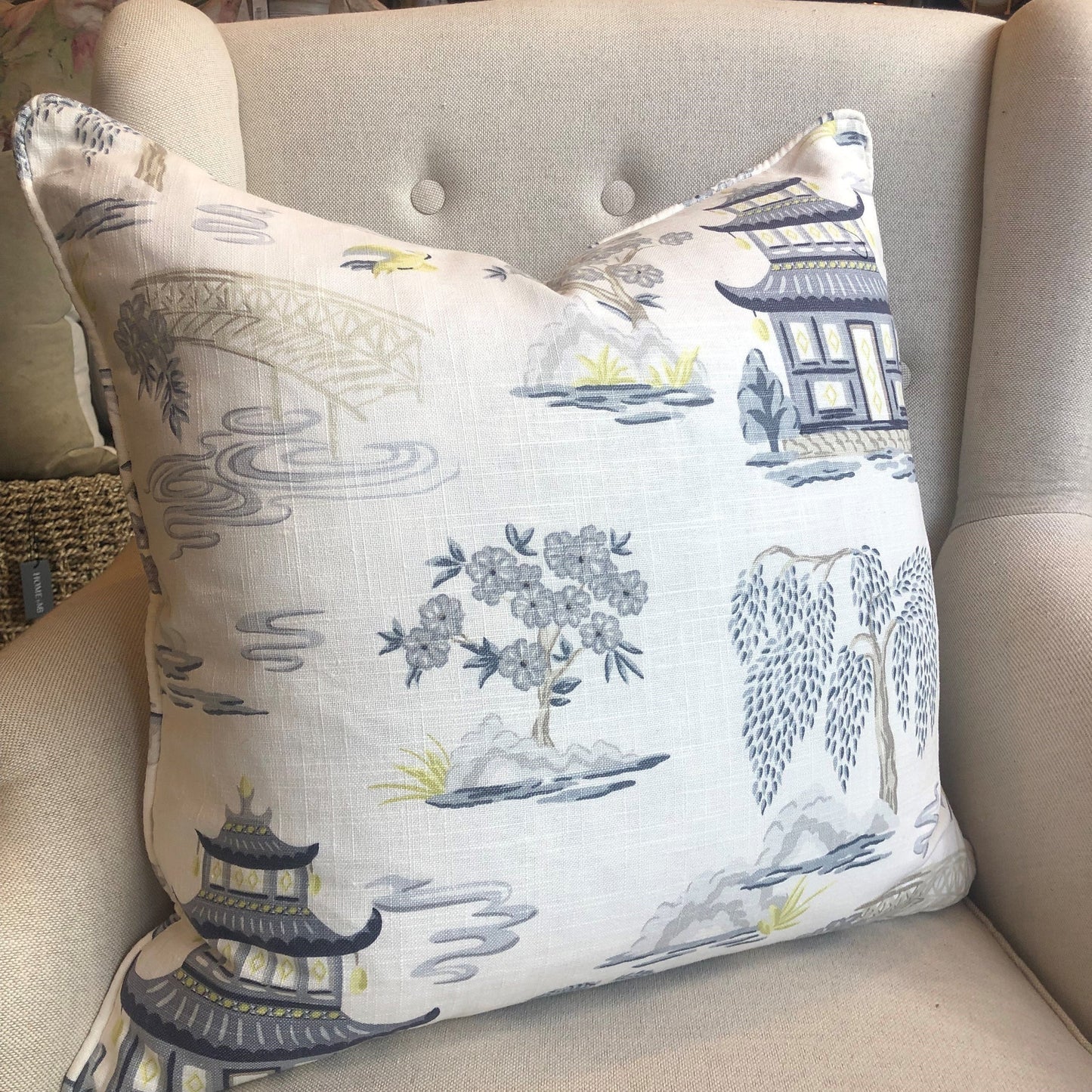 The Imperial Garden Linen Cushion features timeless designs born from 17th century European artisans to reflect romanticized, theatrical, and playful interpretations of life in the Far East. Its elements, such as exotic animals, pagodas, and imaginative Asian imagery, render it perfectly suitable for any interior décor.