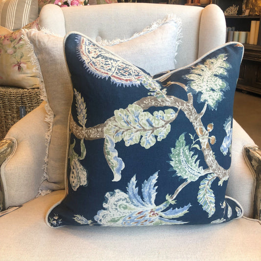 Exquisitely crafted from a sumptuous heavyweight fabric from Westbury – one of the world's leading fabric houses – this beautiful Westbury Botanical Indigo Cushion is adorned with an exquisite pattern of florals and delicate hues against a dark blue backdrop, creating a timelessly graceful and elegant addition to any elegant home decor. Luxurious feather insert included.