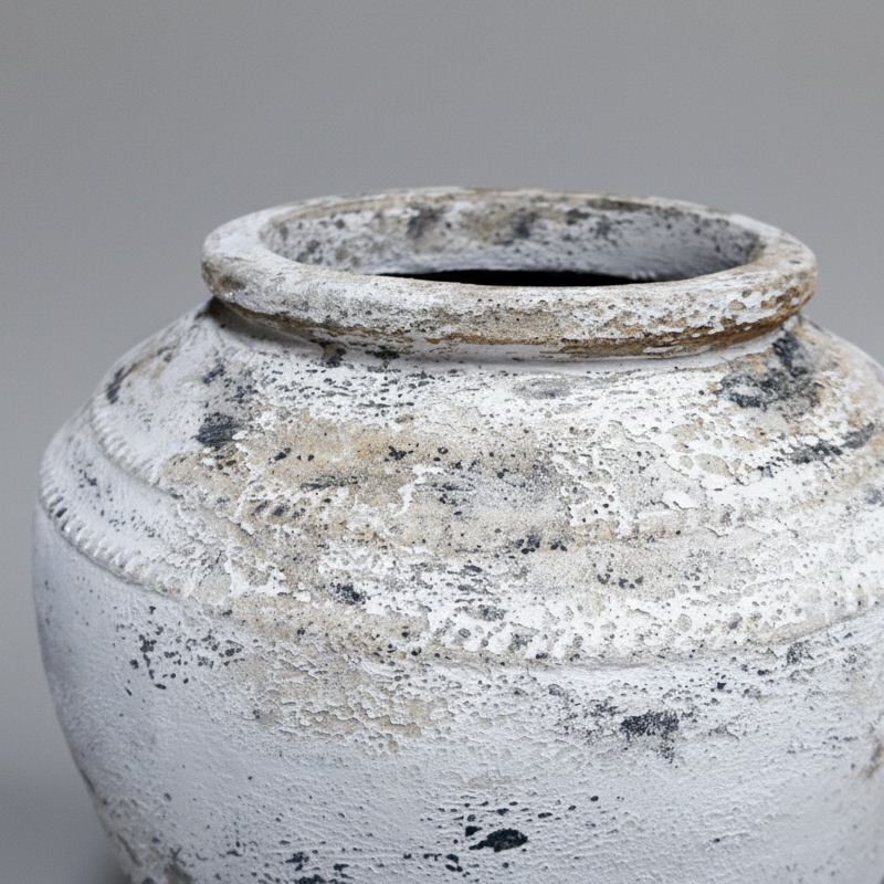 Weathered ceramic jar on a gray background